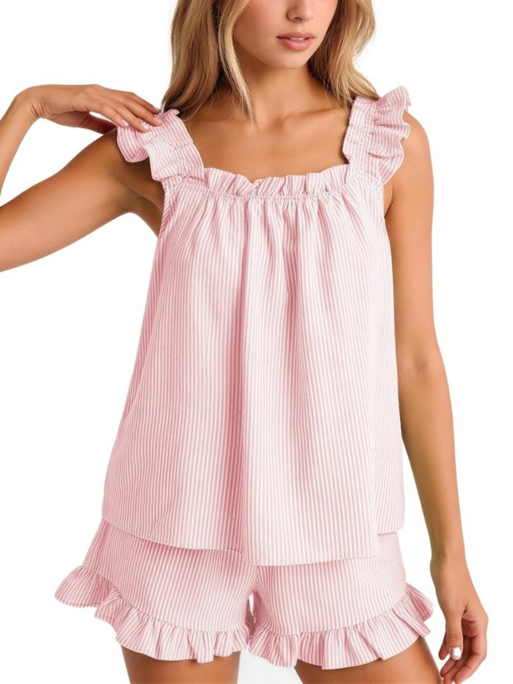 Striped Cotton Pajamas for Women Set Ruffle Cami Top Shorts Sets